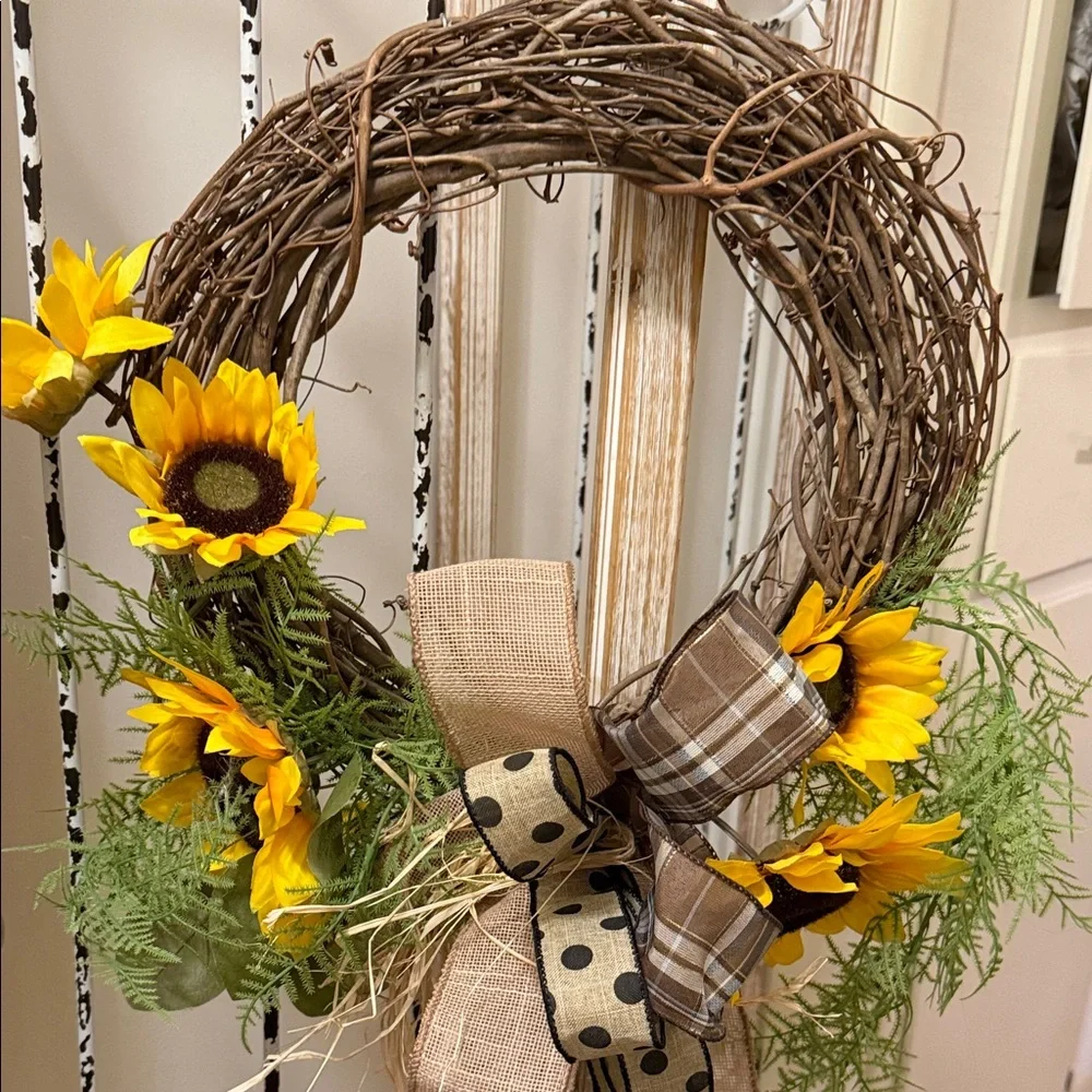 Sunflower Grapevine Wreath with Burlap Bow - Yellow
